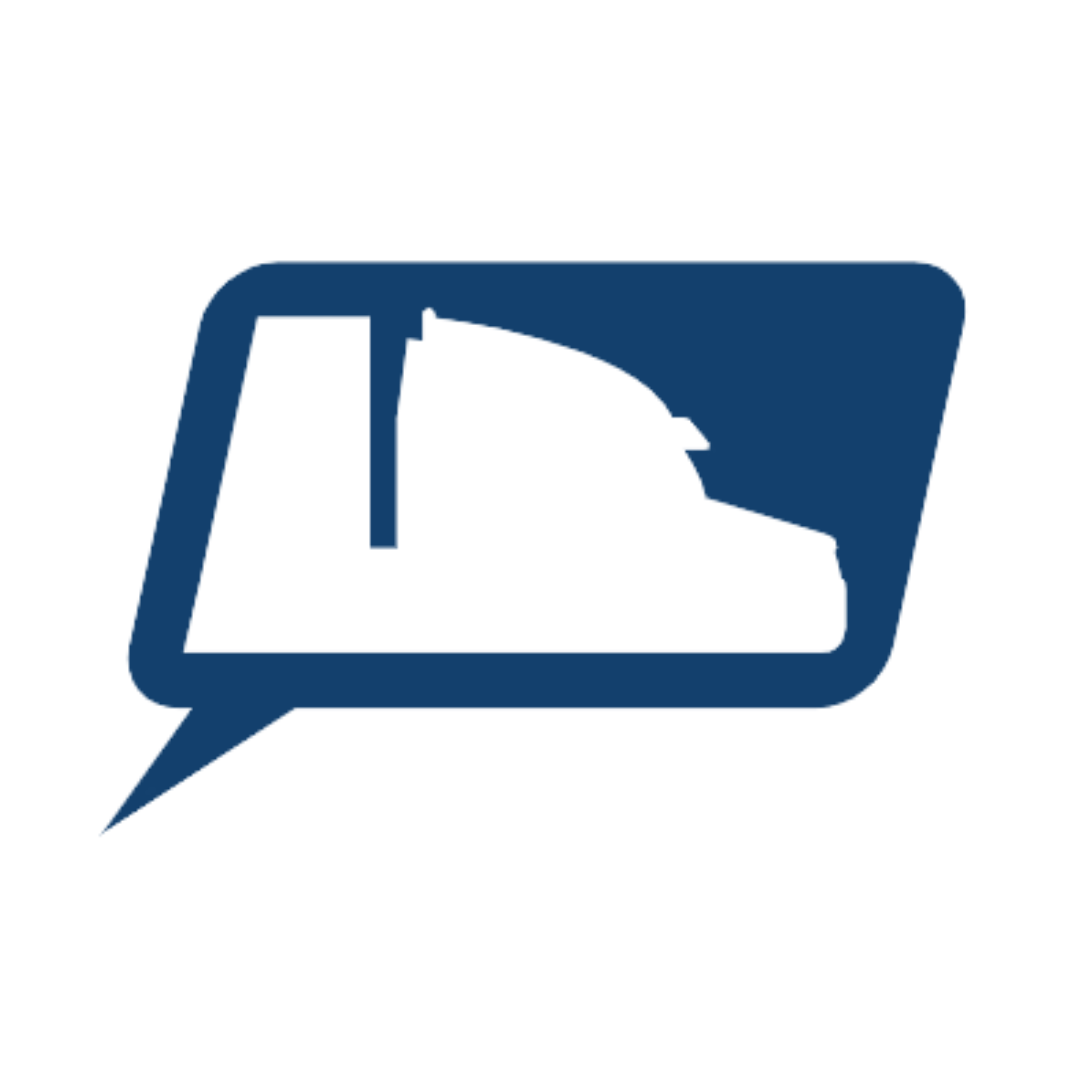 A blue speech bubble with a silhouette of a building inside of it.