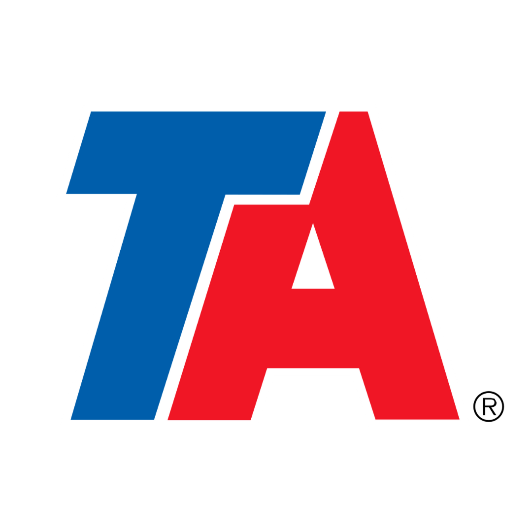 A red , blue and white ta logo on a white background.