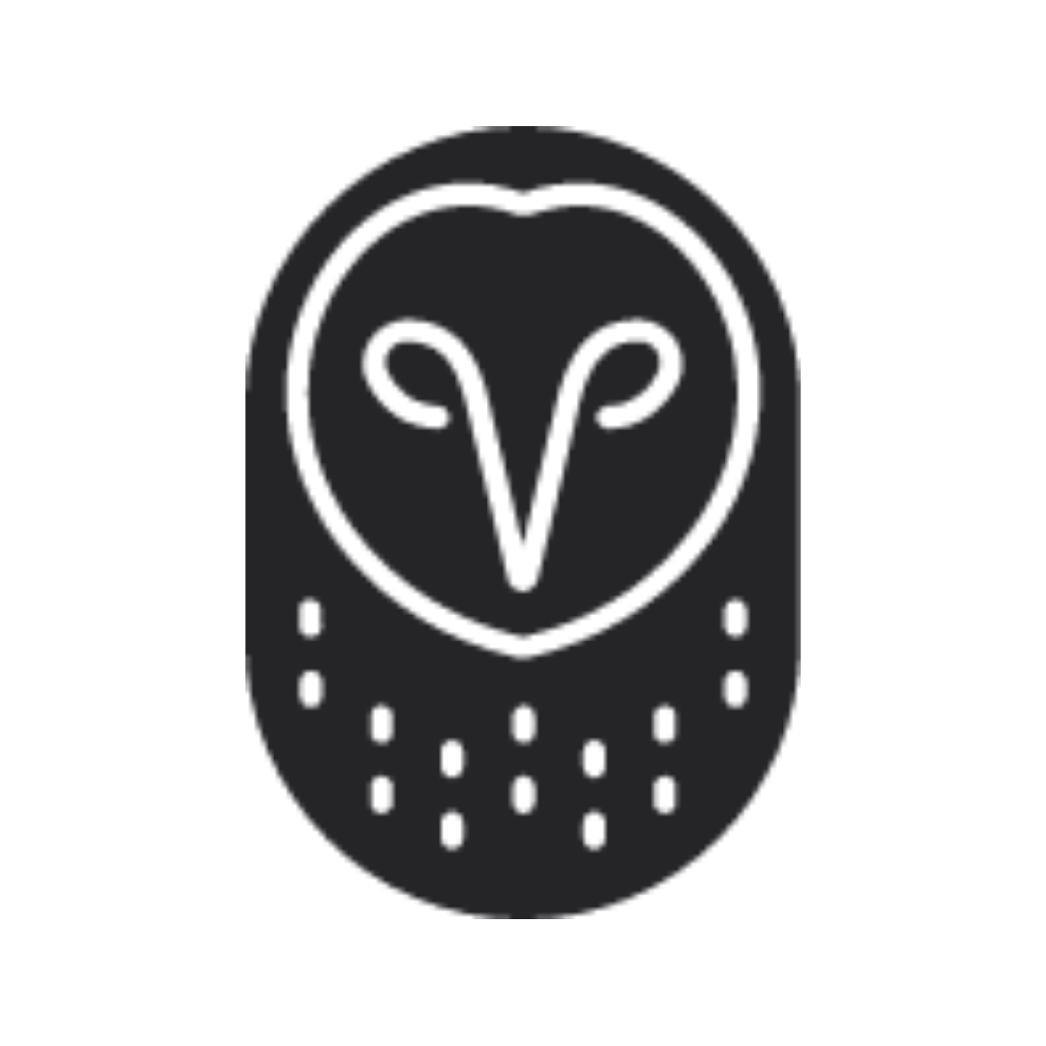 A black and white icon of an owl with a heart in the middle.