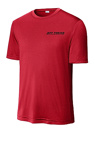 Red crew-neck t-shirt with small black text on the chest.