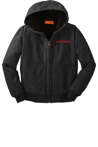 A black jacket with a hood on a white background.