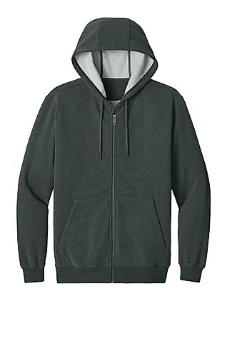 Charcoal zip-up hooded sweatshirt with a gray interior and front pockets.