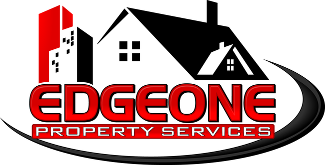 Logo for EdgeOne Property Services with buildings, a house, and a curved line.