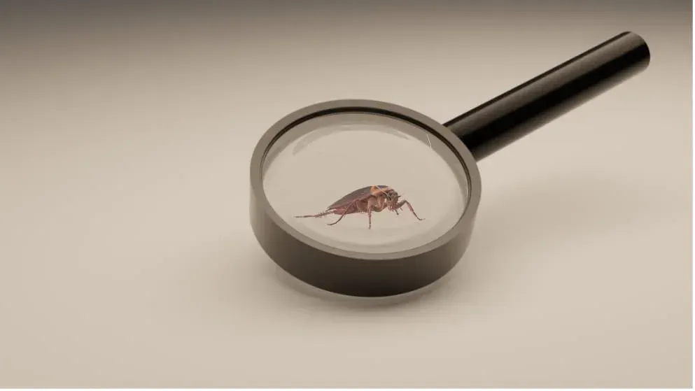 Un cafard vu sous une loupe lors de l'inspection d'une cuisine pour savoir si on a des cafards