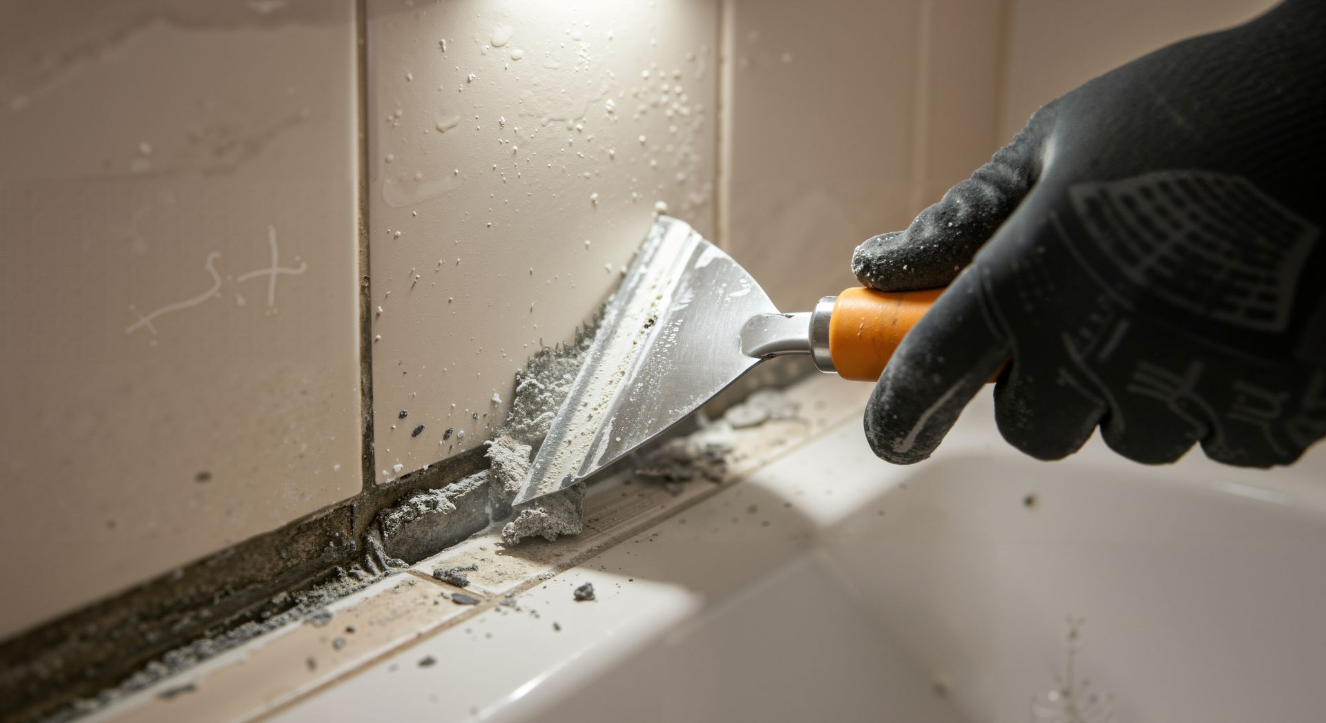 Gloved hand scraping tub edge for bathtub chip repair Gloved hand scraping tub edge for bathtub chip repair