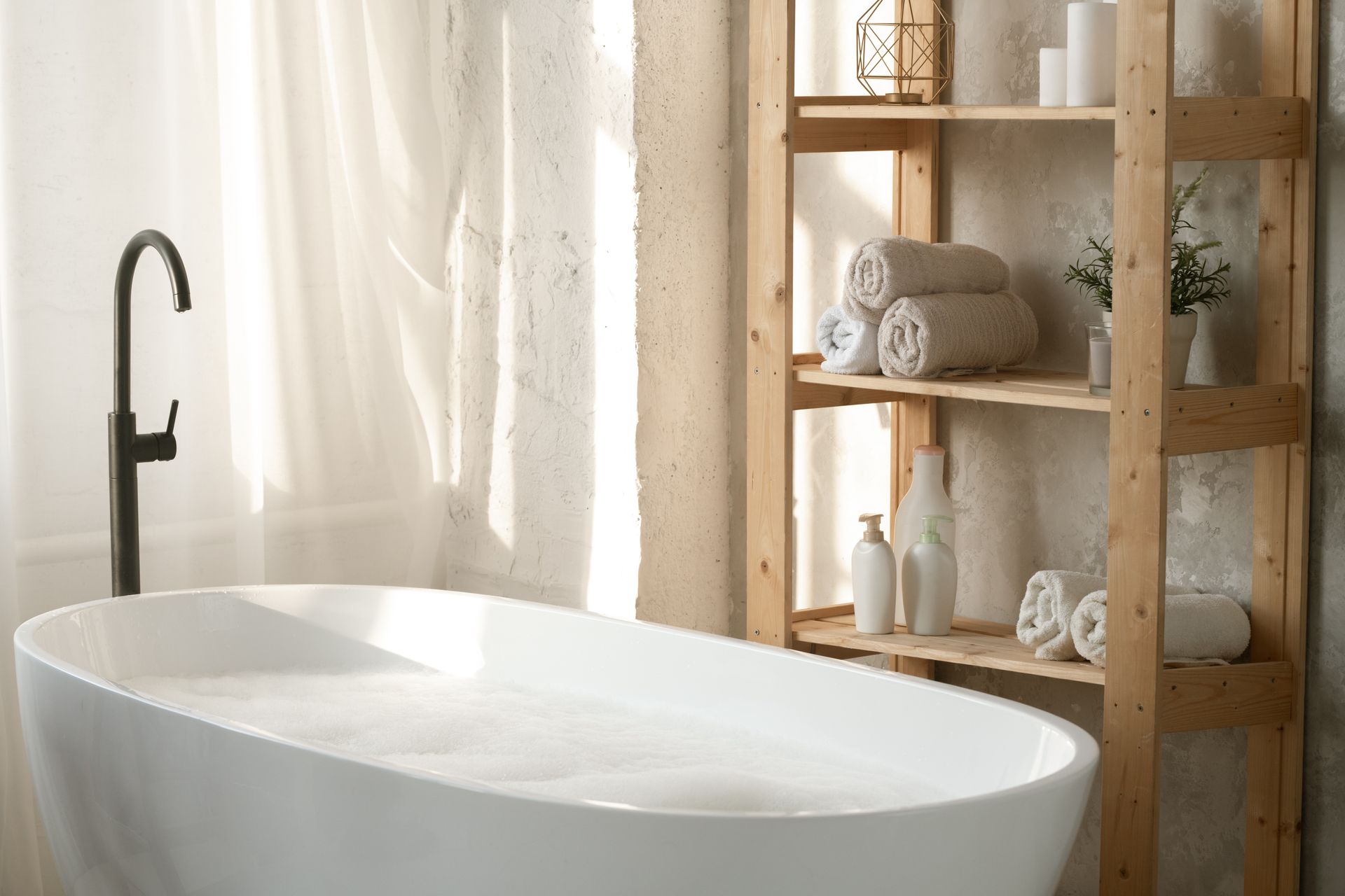 Interior of bathroom with floral decor.
