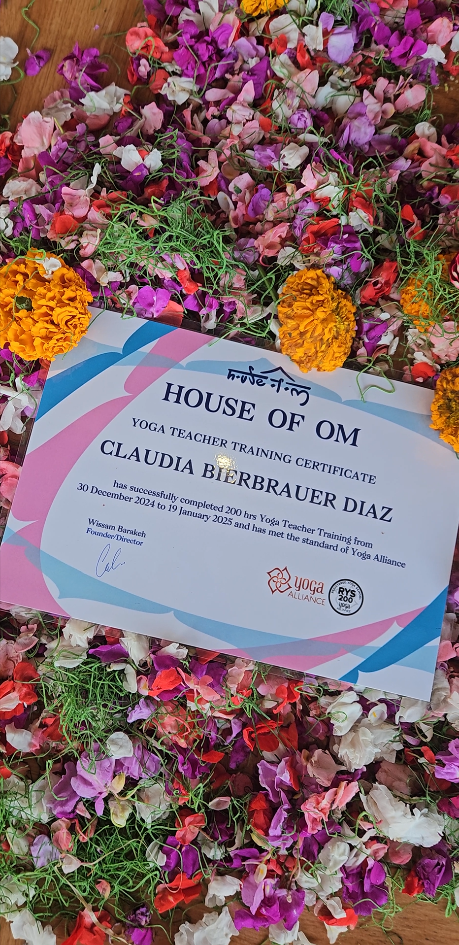 Zertifikat von Claudia Bierbrauer Diaz für ihre Yogalehrerausbildung bei House of Om. 