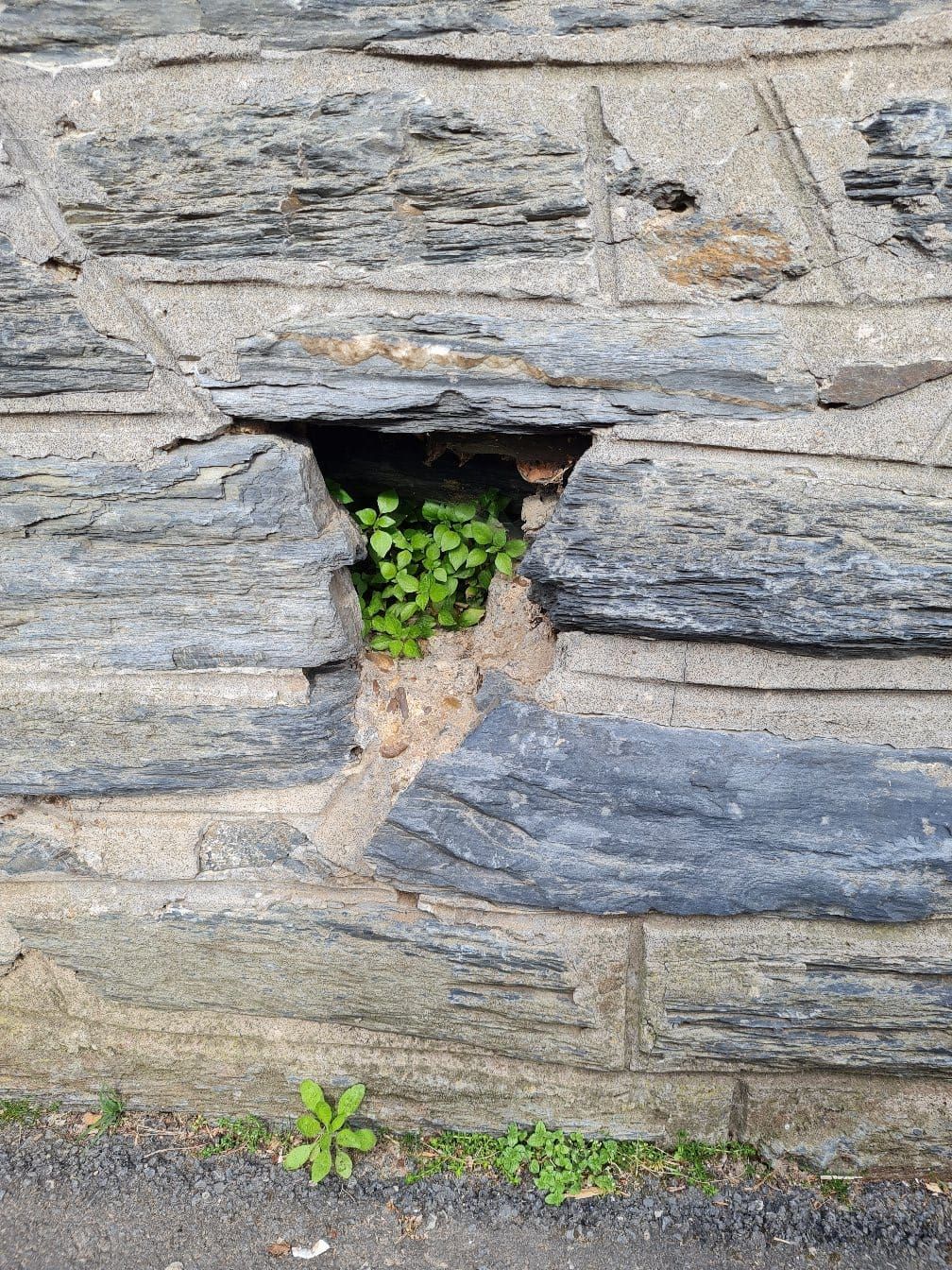 Eine Pflanze sprießt aus einer Rissstelle in einer Steinmauer – Symbol für Wachstum und innere Befreiung.