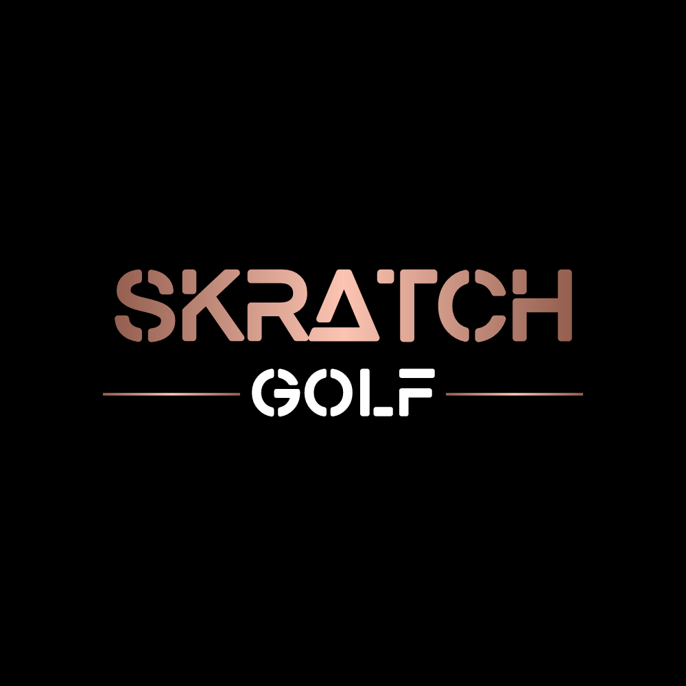 Logo for "Skratch Golf" in copper and white text on a black background. The word "SKRATCH" appears above "GOLF," with horizontal lines separating them.