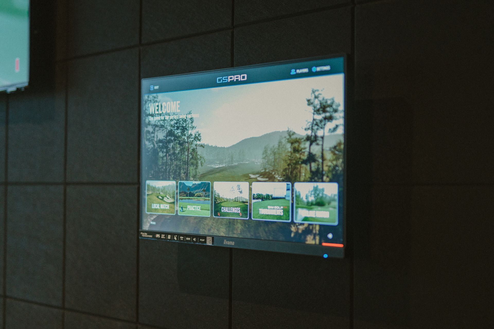 A large flat-screen TV displays a golf course simulation interface against a dark wall.
