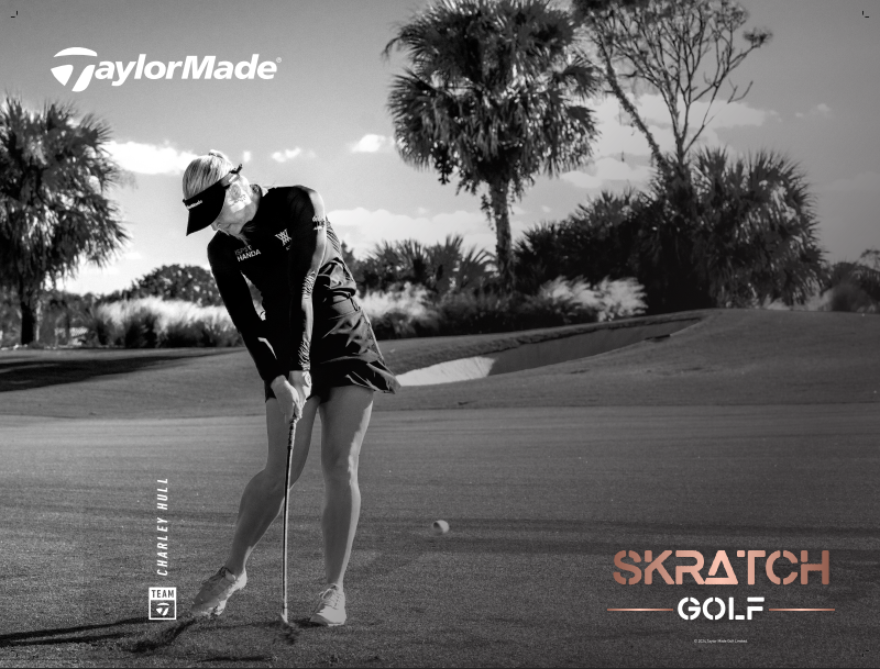 Black and white TaylorMade ad: Golfer in athletic wear swings a club on a golf course. Includes the logo and 
