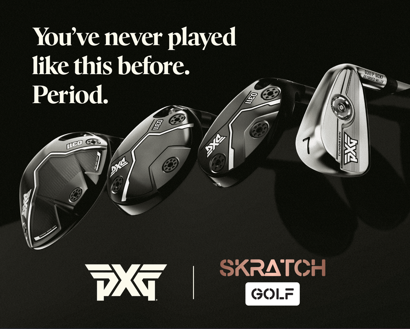 An advertisement for PXG golf clubs, featuring four clubs in a row, with 