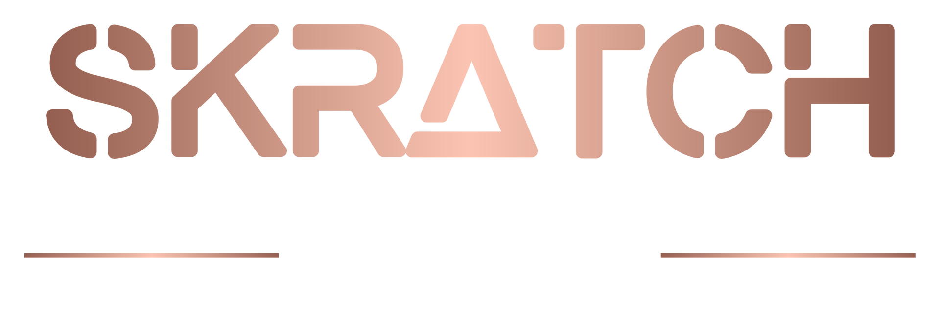 Logo for Skratch in rose gold, stencil font style. Two horizontal lines underneath.