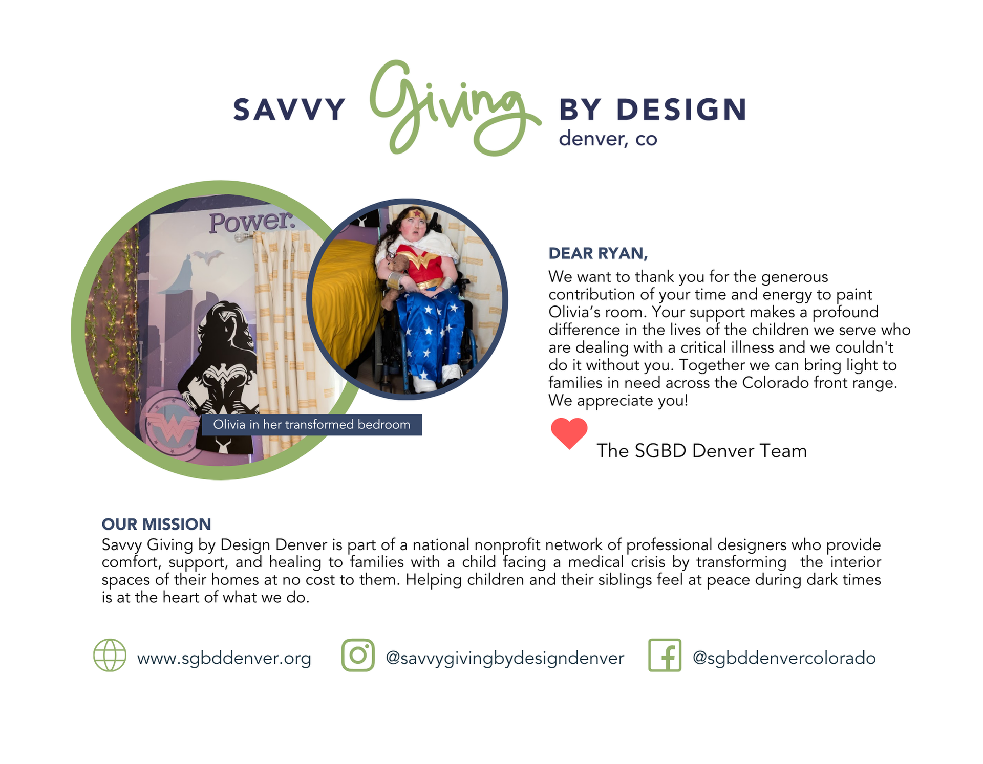 Thank you letter from Savvy Giving by Design Denver, featuring children and mission statement.
