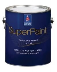 A can of super paint paint and primer in one interior acrylic latex paint.