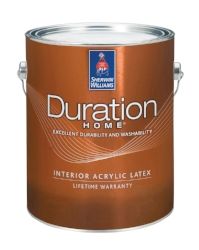 A can of sherwin williams duration home interior acrylic latex paint.