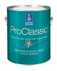 A can of sherwin williams proclassic interior acrylic latex paint.