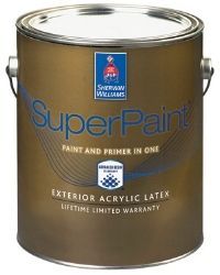 A can of sherwin williams super paint exterior acrylic latex paint and primer in one.