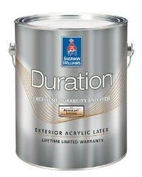 A can of sherwin williams duration exterior acrylic latex paint.