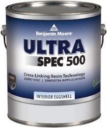 A can of benjamin moore ultra spec 500 interior eggshell paint.