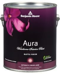 A can of benjamin moore aura waterborne interior paint matte finish.