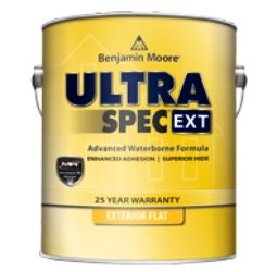 A can of benjamin moore ultra spec ext exterior flat paint.