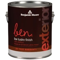 A can of benjamin moore ben low lustre finish exterior latex paint.