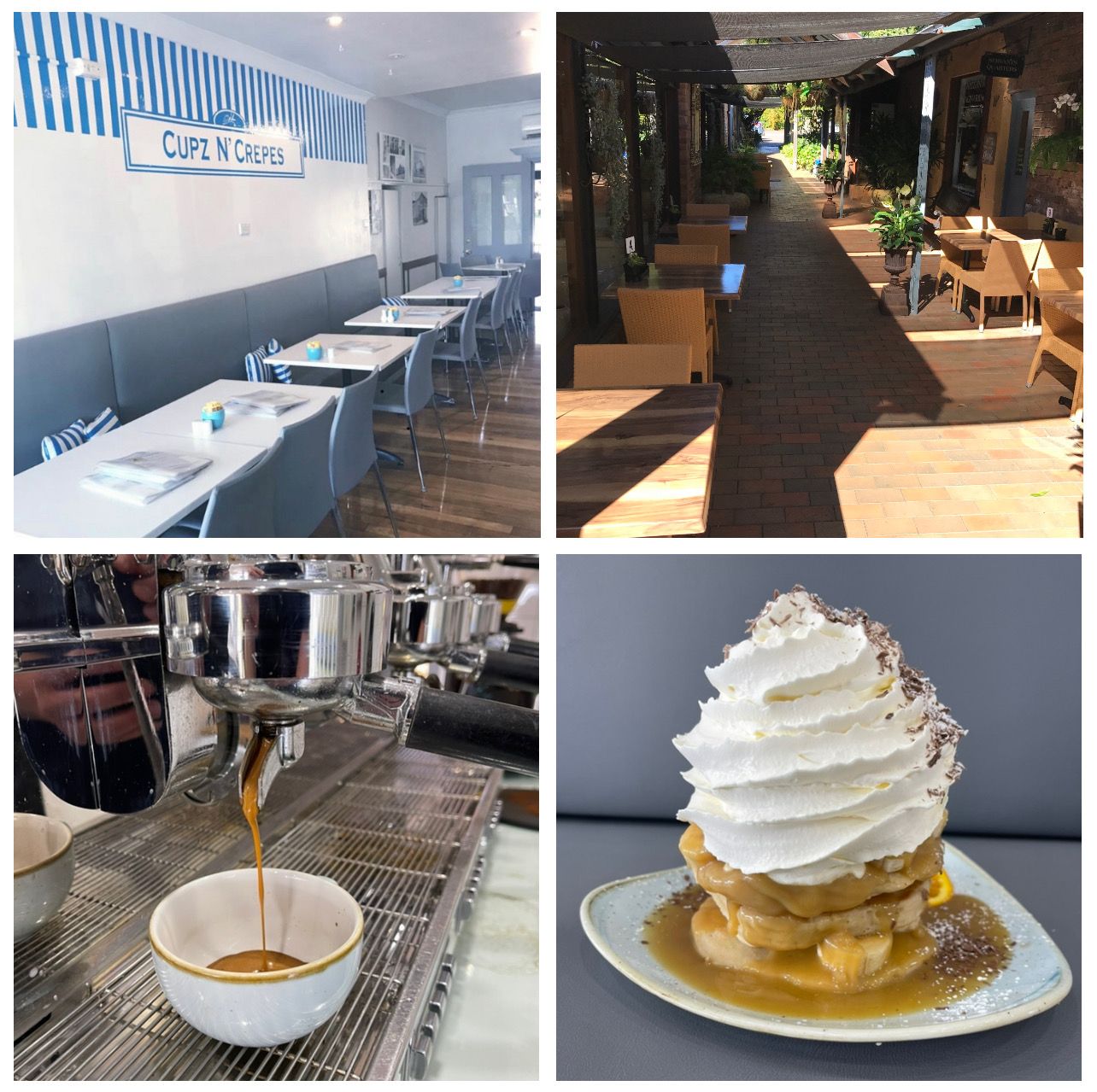 Collage: cafe interior, outdoor seating, espresso machine, stack of pancakes with whipped cream.
