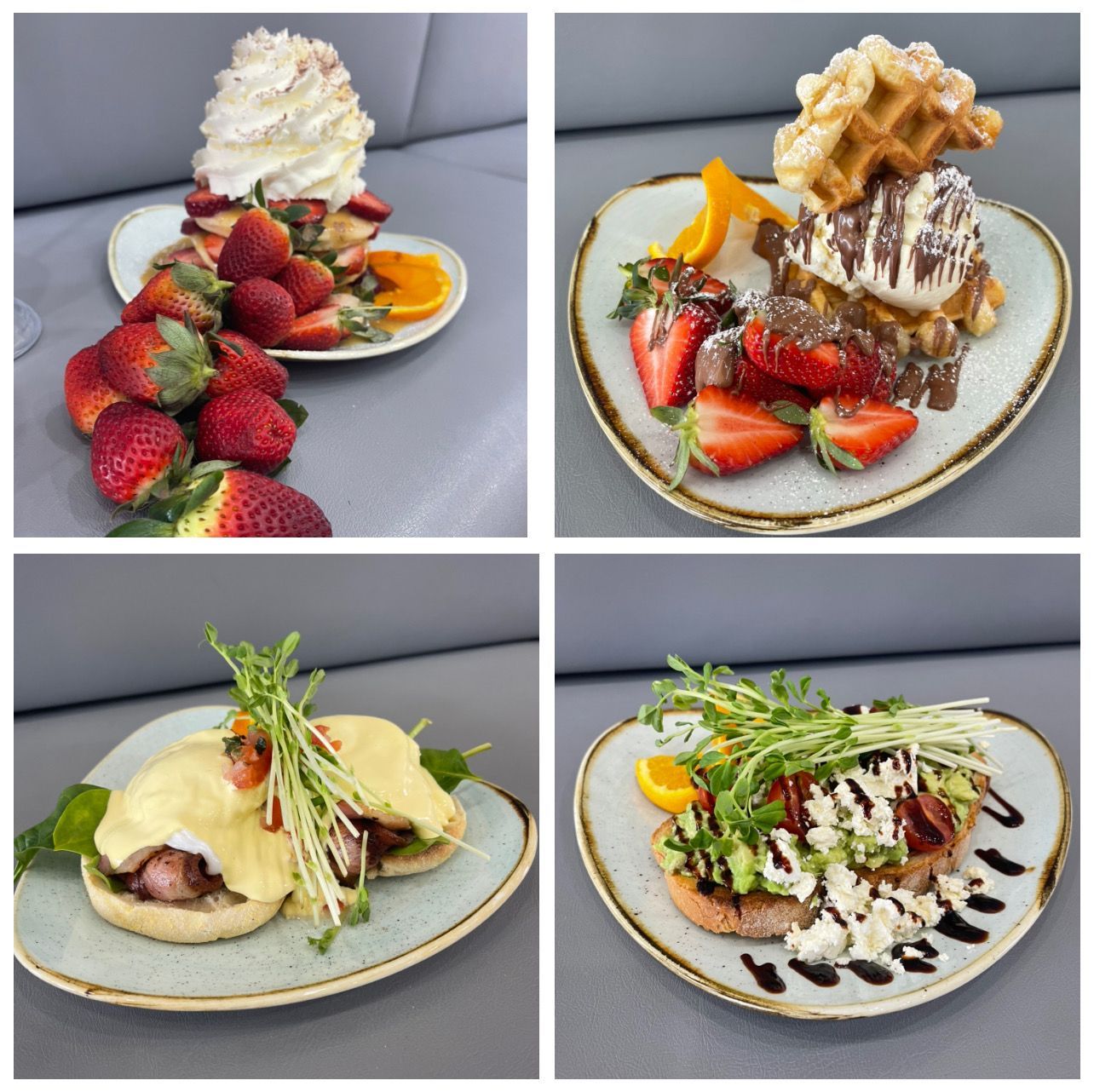 Four plated breakfast dishes: strawberries with whipped cream, waffle with ice cream, eggs benedict, and avocado toast.