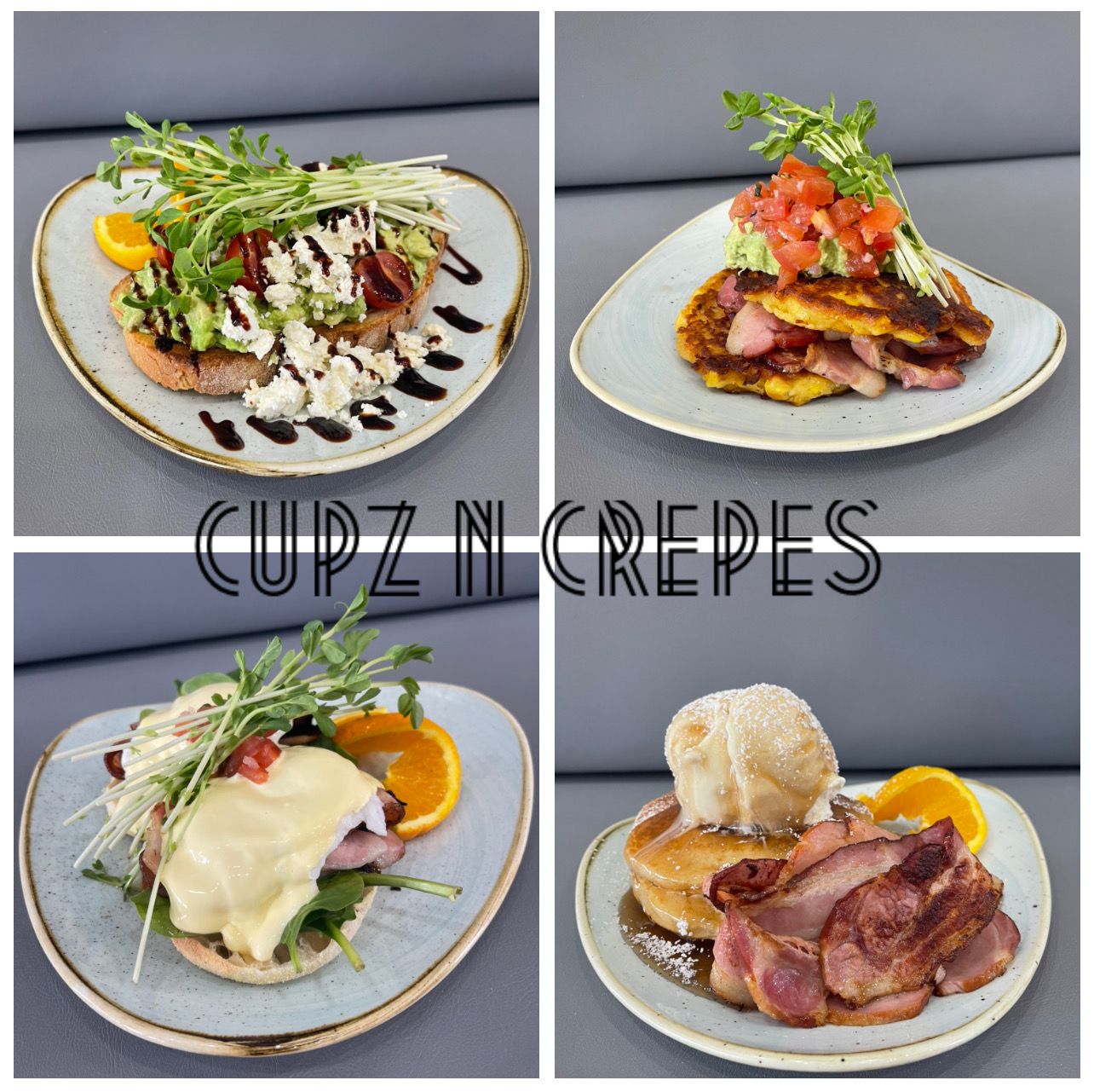 Four breakfast dishes on plates: avocado toast, pancakes with bacon, eggs benedict, and pancakes with ice cream.