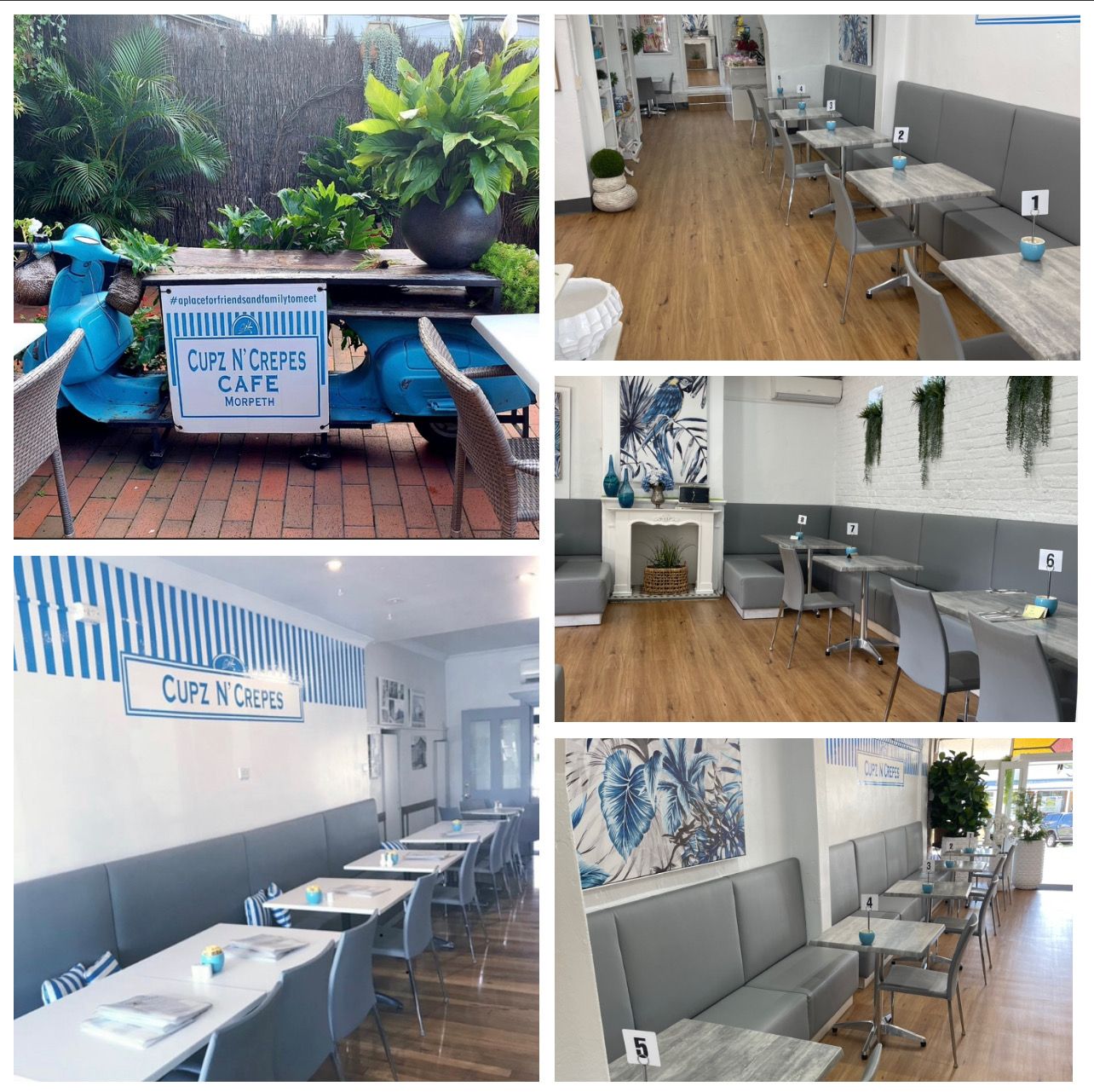 Cafe exterior and interior views. Blue Vespa cart outside, seating inside with blue and gray decor.
