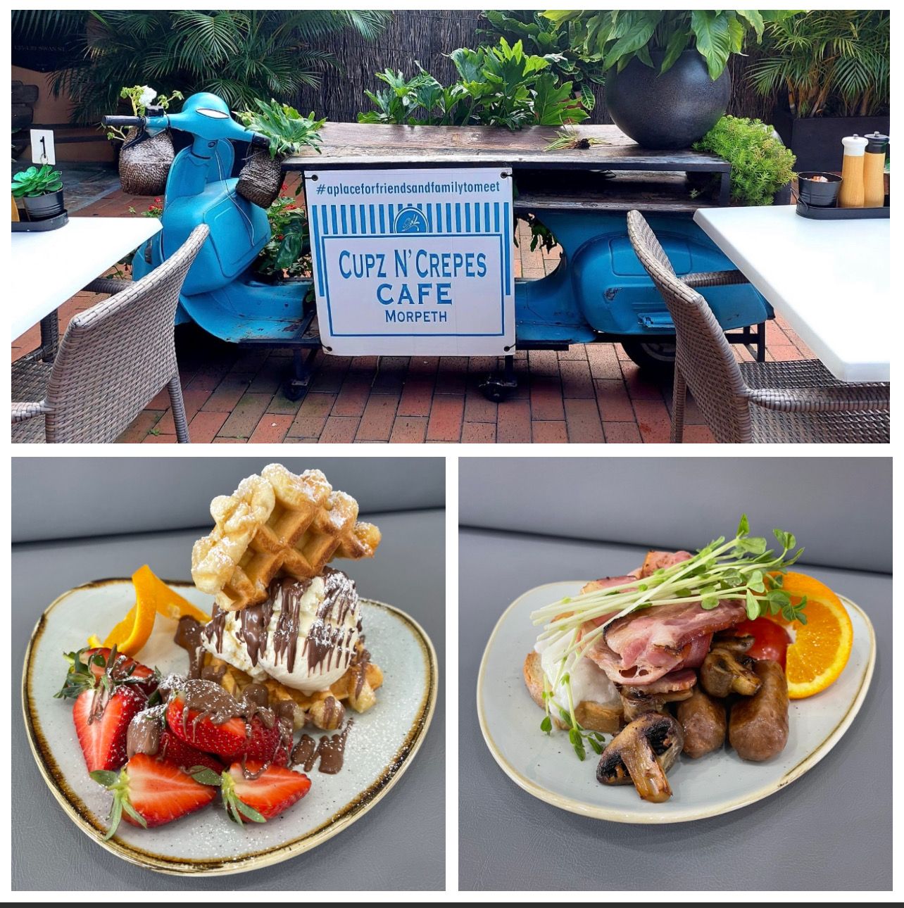 Cafe N Crepes cafe; blue scooter display; waffles with chocolate and strawberries; breakfast plate with bacon, eggs, and mushrooms.