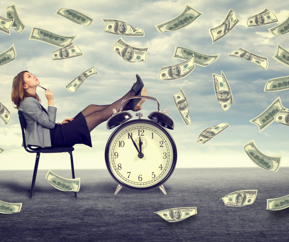 A woman is sitting in a chair next to an alarm clock surrounded by money.