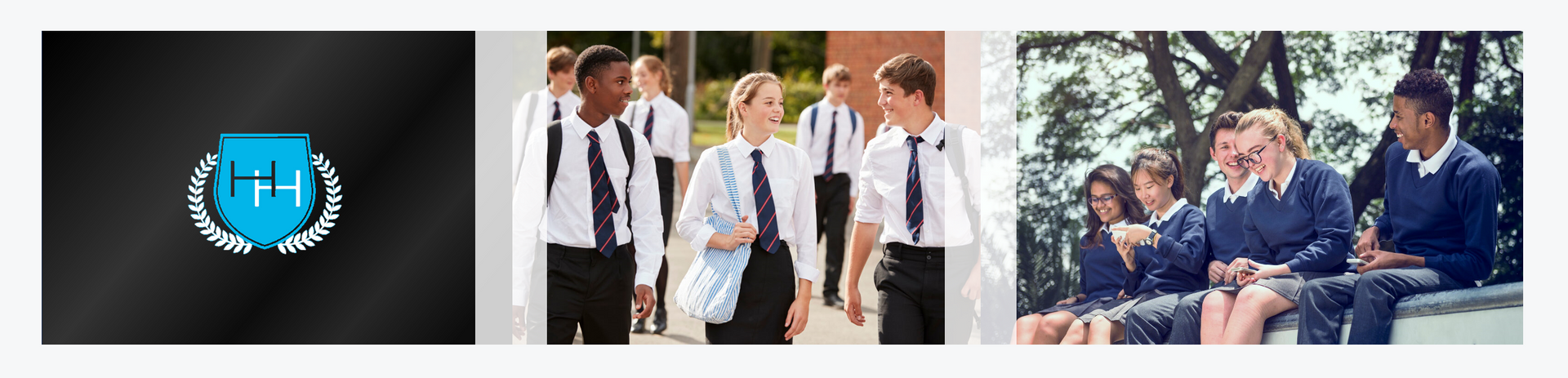 School emblem and students in uniform.