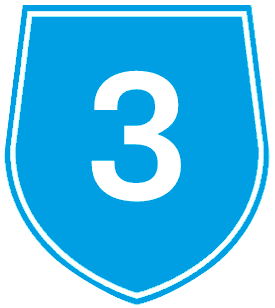 Blue road sign with a white number 3.