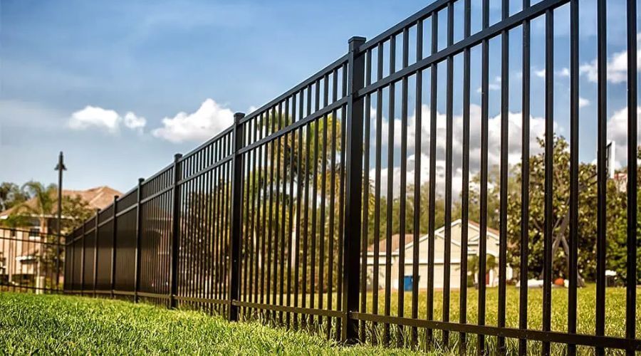 A tall black metal fence stands in a grassy yard under a bright blue sky with scattered clouds.