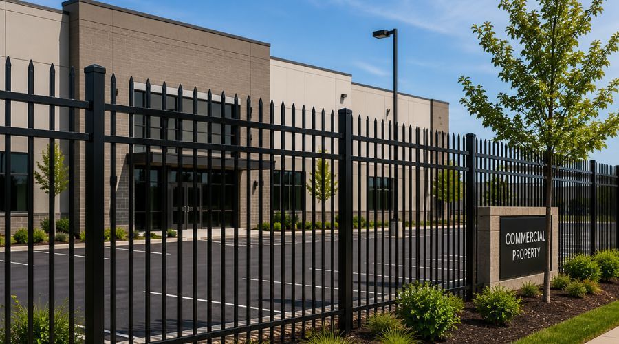 Tall black metal security fence with spear-topped pickets enclosing a commercial property parking lot.