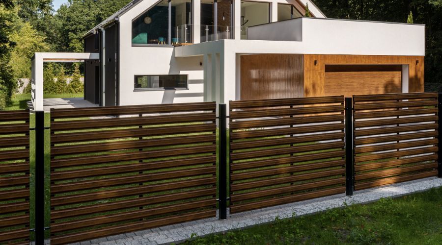 Modern horizontal wood fence enhancing a contemporary home