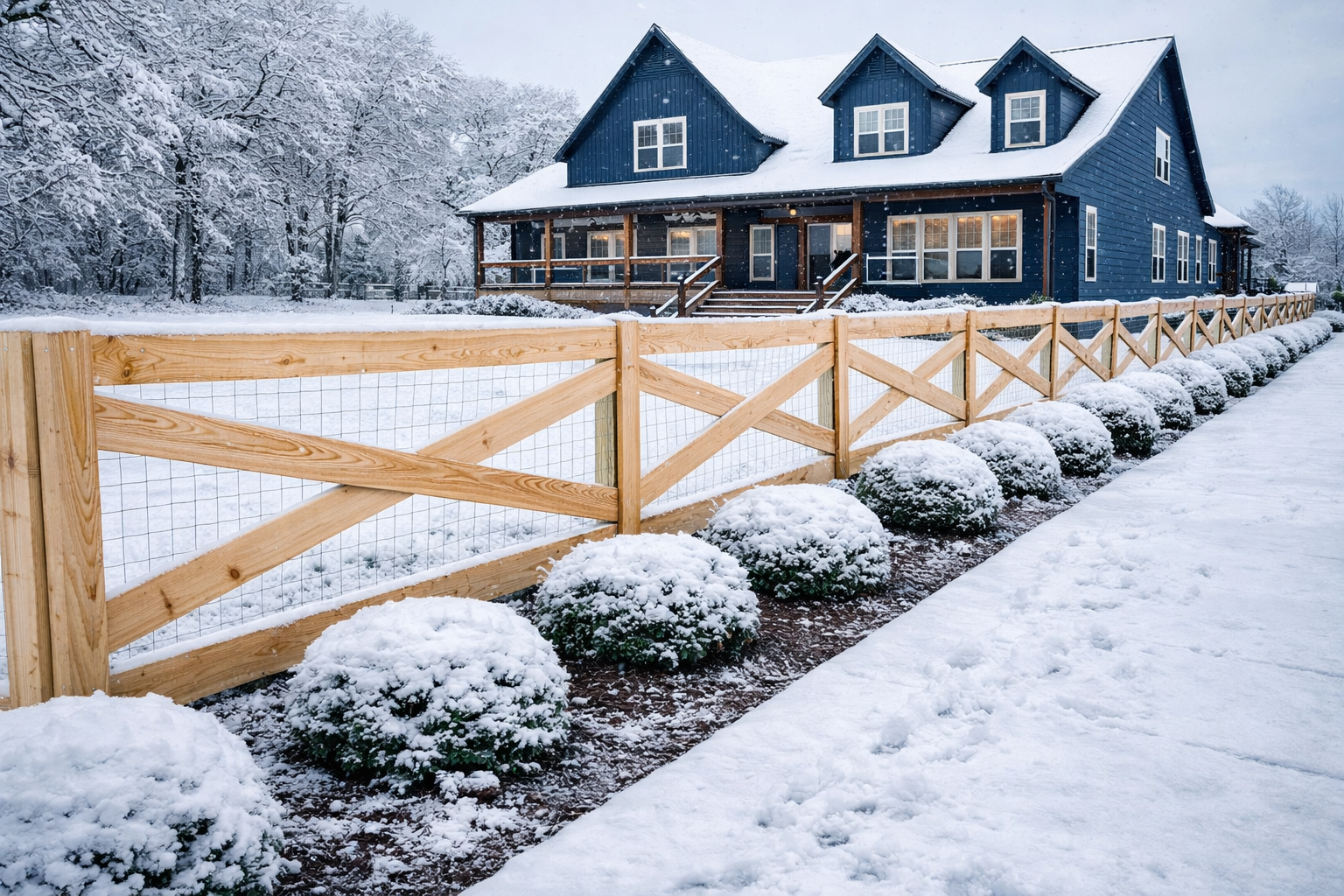 A blue house with a snow-covered roof sits behind a wooden X-frame fence in a yard dusted with snow and small shrubs.