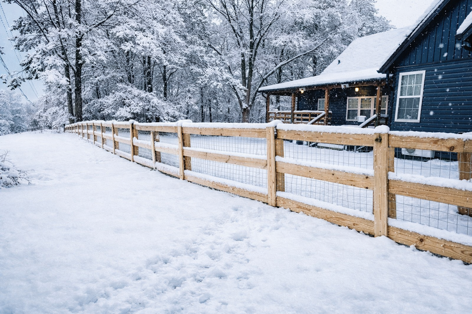 A wooden split-rail fence with wire mesh runs through a snow-covered yard toward a blue house near snow-dusted trees.