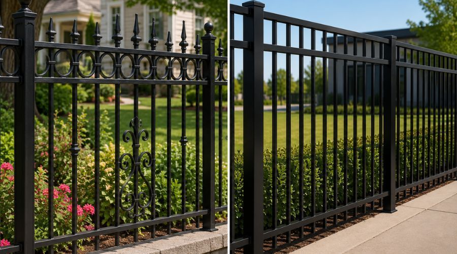 Wrought iron vs steel fencing: ornate black metal garden fence alongside a minimalist black steel 