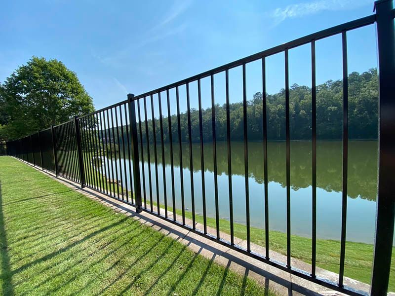 Black metal fence bordering a green lawn next to a lake, with trees in the background under a blue sky.