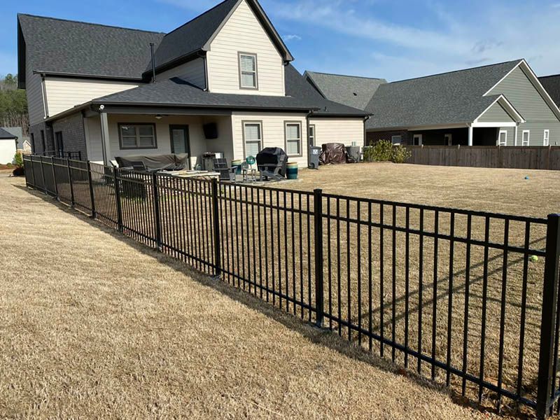 Black metal fence encloses a backyard with dry grass. A two-story beige house with a dark gray roof is visible in the background.