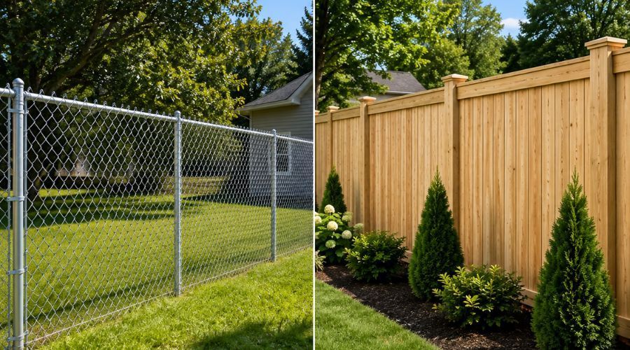 Side-by-side comparison of chain link and wood privacy fences.