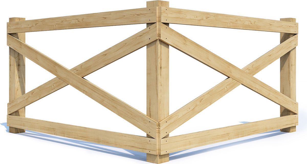 Wooden corner fence with crisscross design.