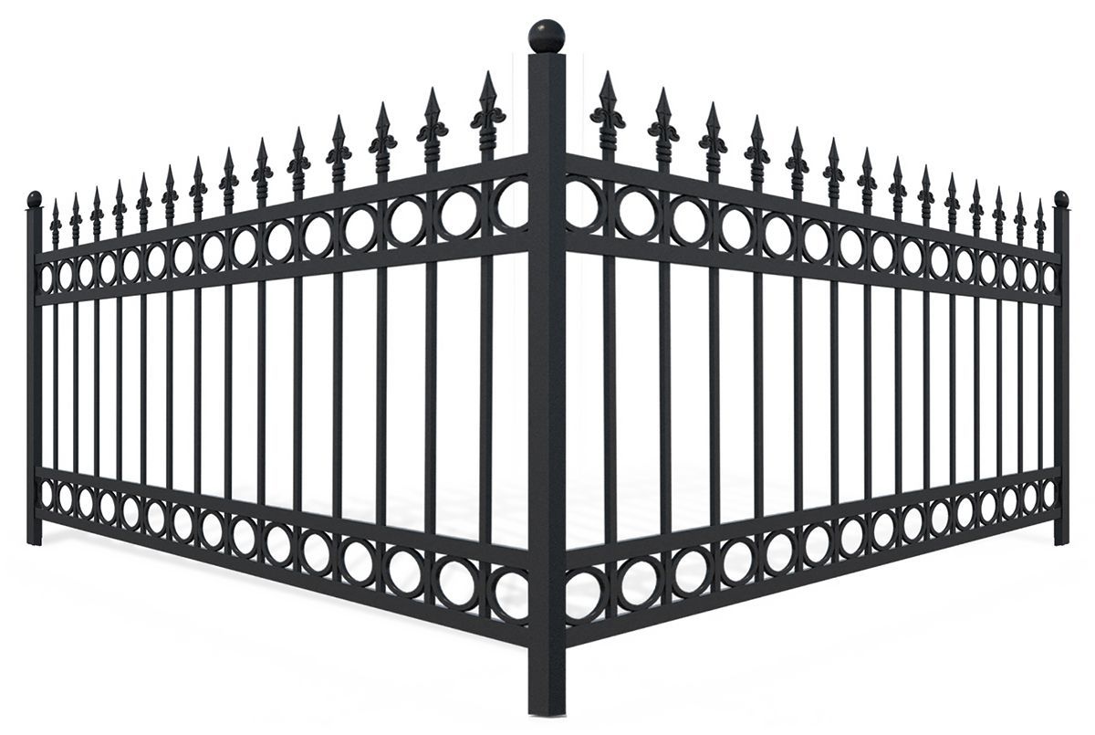 Black metal fence forming a corner, with vertical bars, circular patterns, and decorative spear-like finials along the top.