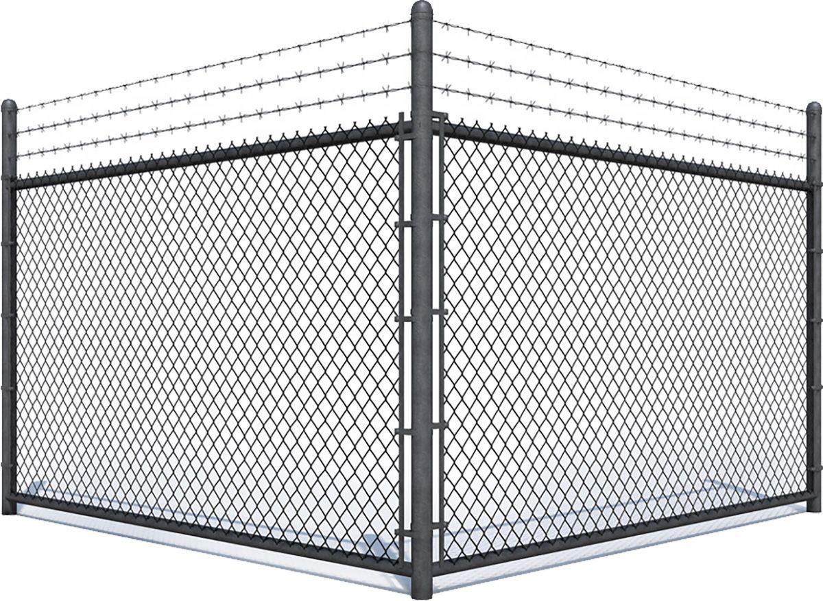 Black chain-link fence with barbed wire at the top, casting shadows on the ground.