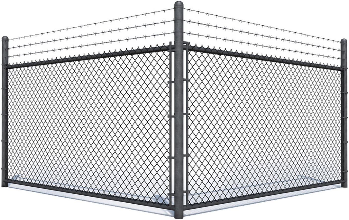 Chain-link fence with barbed wire, forming a corner. Gray metal posts and fencing, white base.