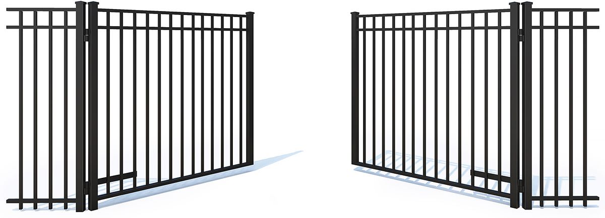 Open black metal gate.