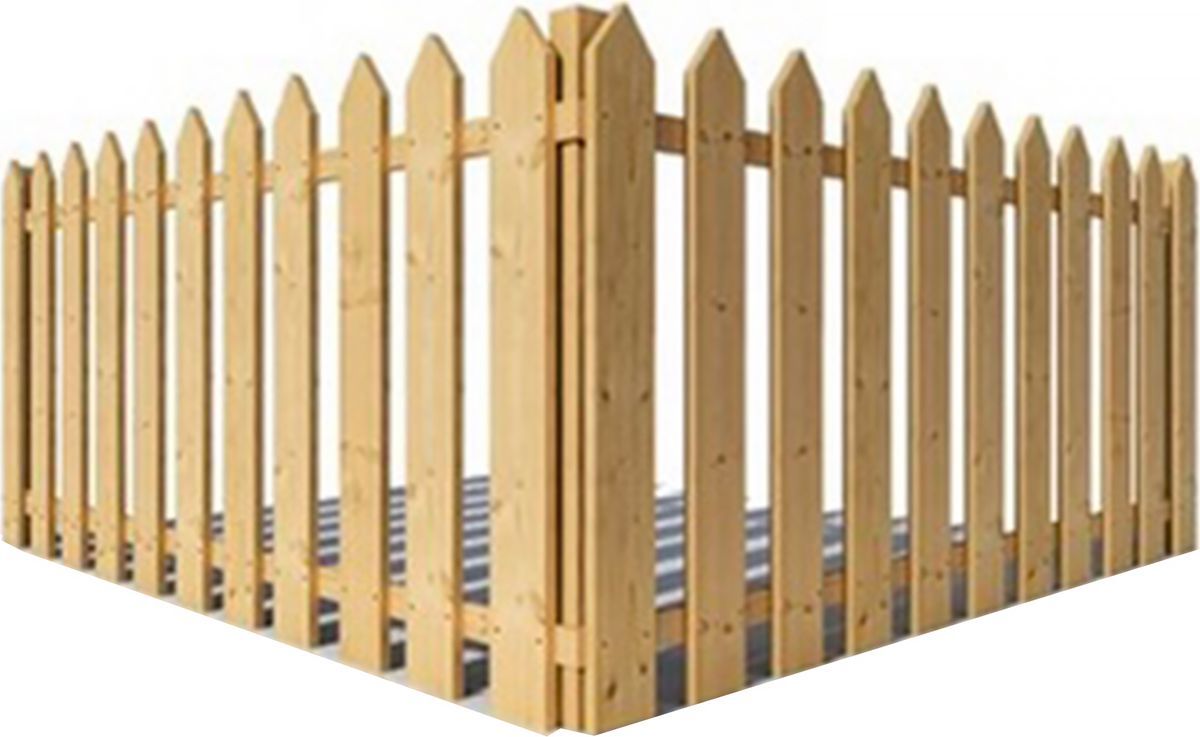 Wooden picket fence surrounding a square area, with pointed tops and a light brown color.